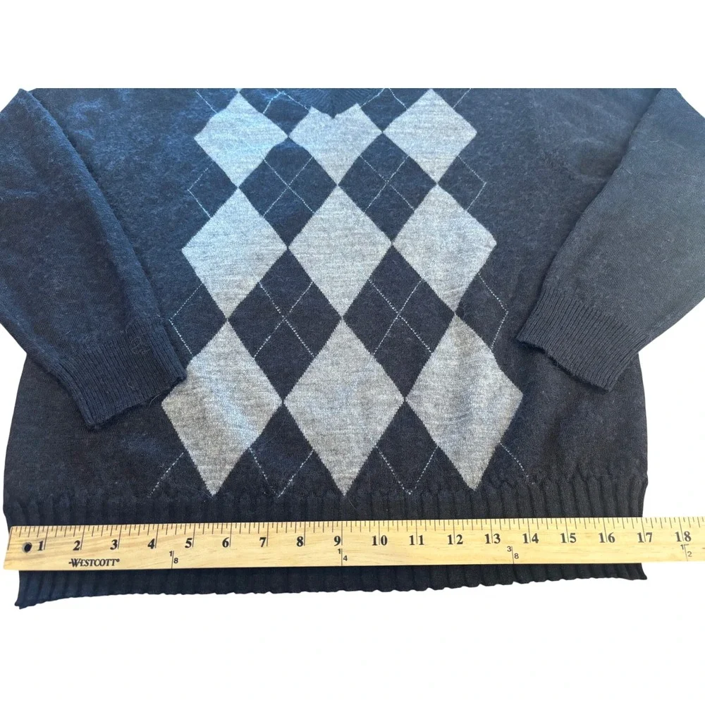 Pronto Uomo Mens Large Argyle V-Neck Sweater Merino Wool Blend Charcoal Grey